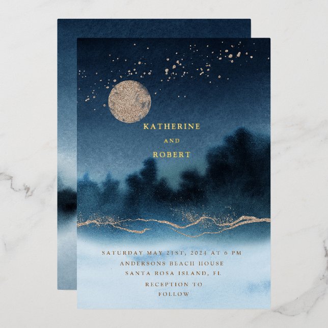 Invitation En Aluminium Mariage de paysage de la nuit bleue (Recto/Verso)