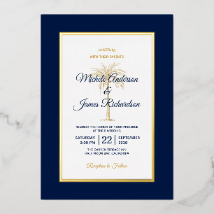 Invitation En Aluminium Mariage de plage élégant avec palmier en or et ble