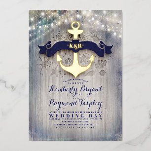 Invitation En Aluminium Mariage de plage rustique bleu marine et or avec a