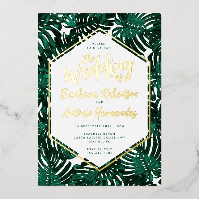 Invitation En Aluminium Mariage de plage Tropical Green Palm Feuille (Recto)