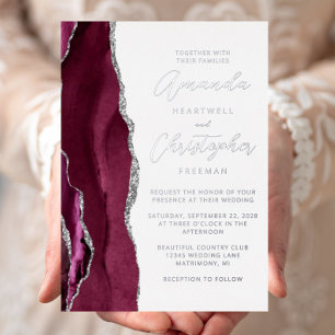 Invitation En Aluminium Mariage de script Agate Burgundy Silver