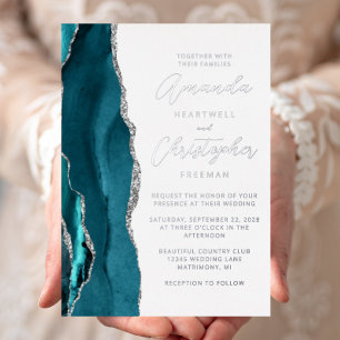 Invitation En Aluminium Mariage de script Agate Turquoise Blue Silver