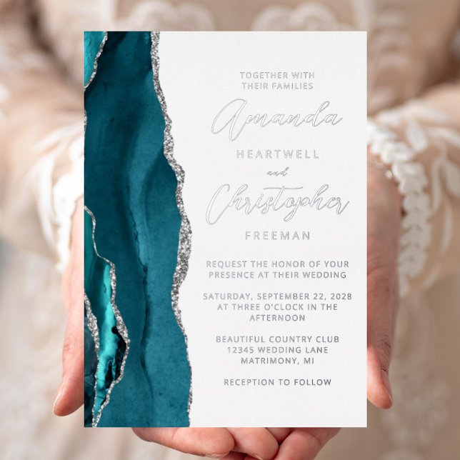 Invitation En Aluminium Mariage de script Agate Turquoise Blue Silver (Créateur téléchargé)
