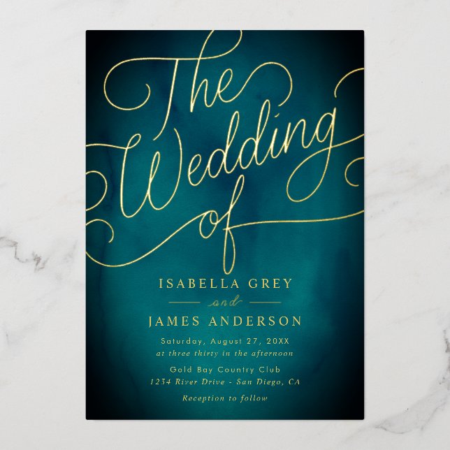 Invitation En Aluminium Mariage de script de calligraphie or turquoise (Recto)