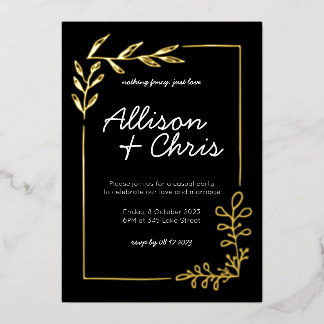 Invitation En Aluminium Mariage de script minimaliste or, noir et blanc