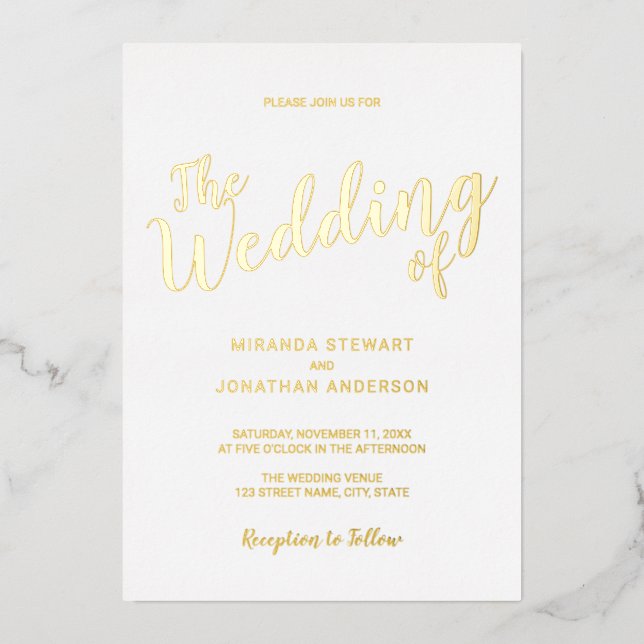 Invitation En Aluminium Mariage de script moderne or (Recto)