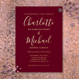 Invitation En Aluminium Mariage de style Signature Script Burgundy et Or