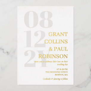 Invitation En Aluminium Mariage de typographie gris blanc et or