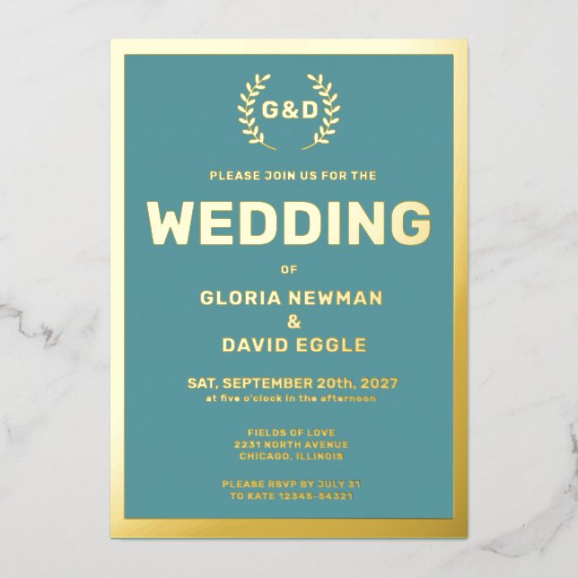 Invitation En Aluminium Mariage de typographie turquoise Real Gold (Recto)