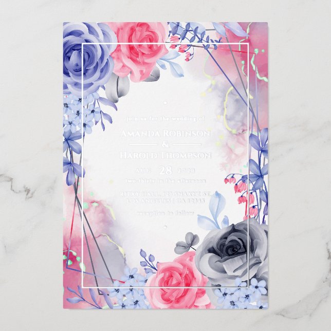 Invitation En Aluminium Mariage d'encre d'argent fleuri géométrique (Recto)