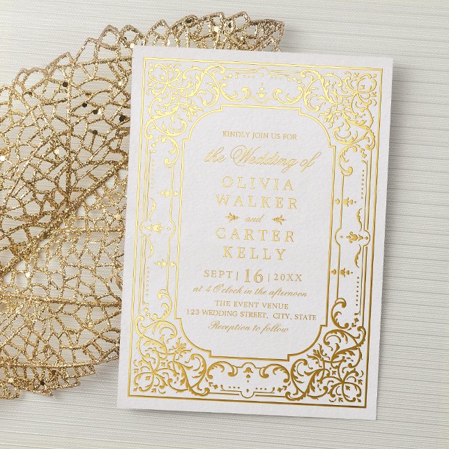 Invitation En Aluminium Mariage d'époque romantique orné d'or (Gold elegant ornate romantic vintage wedding foil invitation)