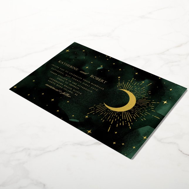 Invitation En Aluminium Mariage des étoiles d'or céleste de minuit vert (Rotation)