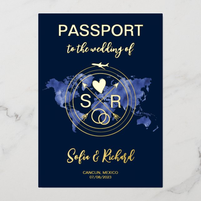 Invitation En Aluminium Mariage Destination Passport World Map Gold (Recto)
