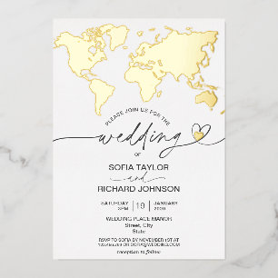 Invitation En Aluminium Mariage Destination World Map Typographie Gold Foi