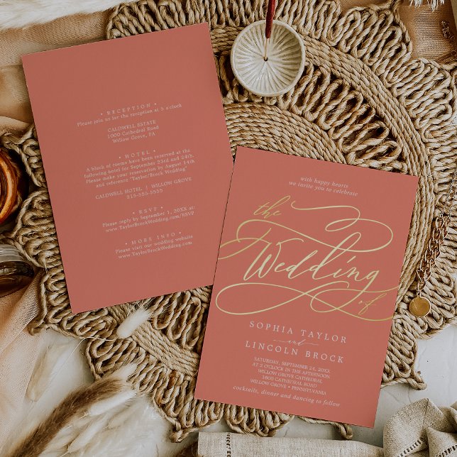 Invitation En Aluminium MARIAGE d'été SOPHIA Gold Foil corail brillant (SOPHIA Gold Foil Bright Coral Summer Wedding Foil Invitation)
