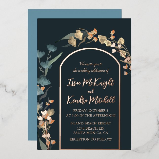 Invitation En Aluminium Mariage d'hiver bleu foncé élégant Arc floral (Recto/Verso)