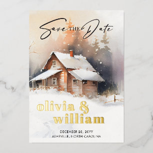 Invitation En Aluminium Mariage d'Hiver en Cabane Rustique Enregistrez la