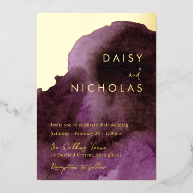 Invitation En Aluminium Mariage d'huile d'or violet moderne (Recto)