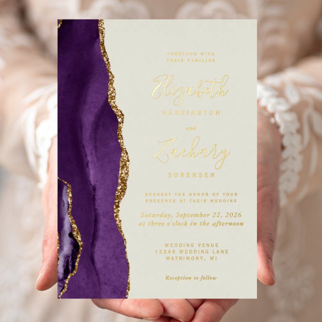 Invitation En Aluminium Mariage d'ivoire d'agate d'or violet moderne (Créateur téléchargé)