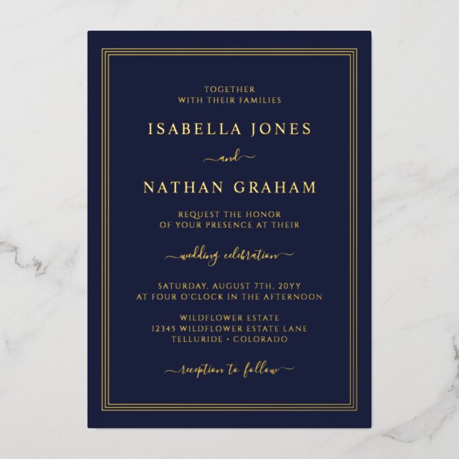 Invitation En Aluminium Mariage d'or de marine simple (Recto)