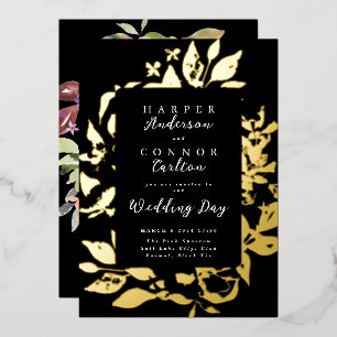 Invitation En Aluminium Mariage d'or noir élégant Floral Pressé