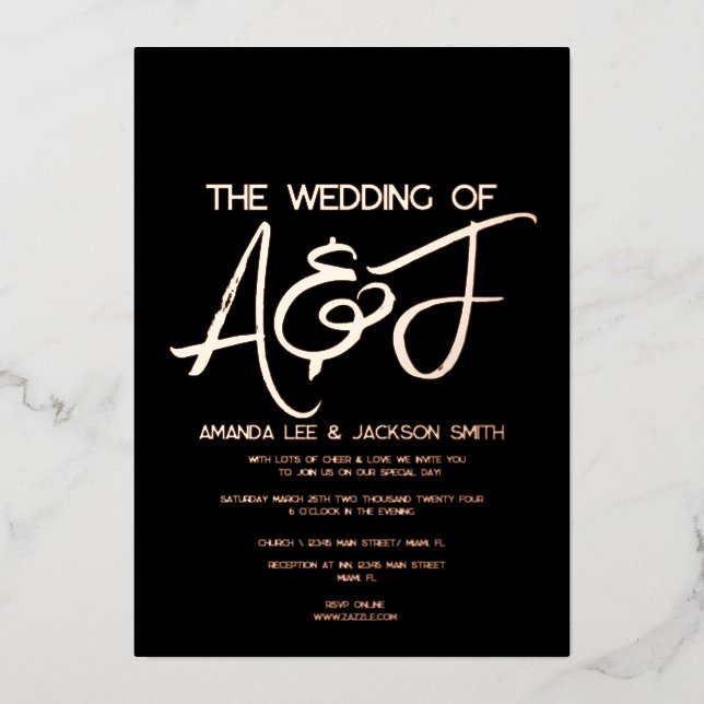 Invitation En Aluminium Mariage d'or noir et Rose moderne (Recto)