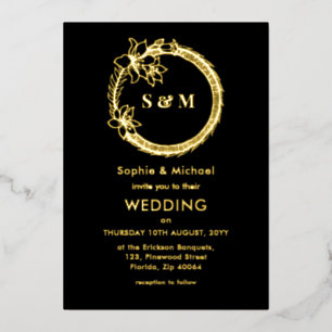 Invitation En Aluminium Mariage d'or noir Monogramme Wreath