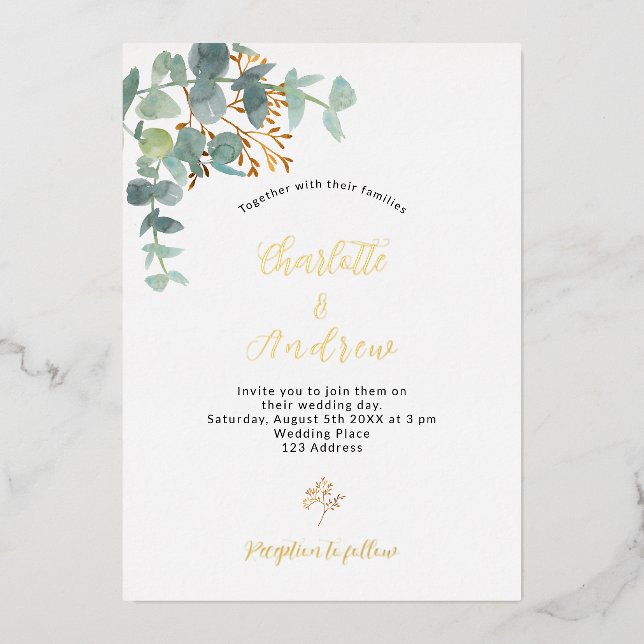 Invitation En Aluminium Mariage d'or vert Eucalyptus (Recto)
