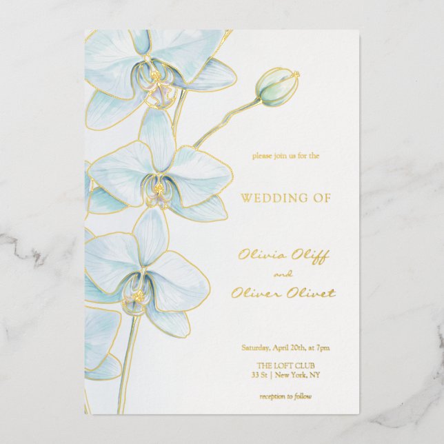 Invitation En Aluminium Mariage d'orchidée bleu doux (Recto)
