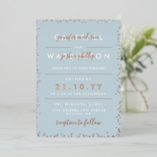Invitation En Aluminium Mariage Dove Blue & Rose Gold Typographie Confetti