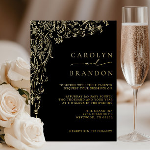 Invitation En Aluminium Mariage Élégant à Filigrane Noir et Or