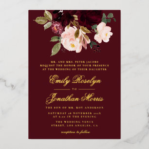 Invitation En Aluminium mariage élégant à fleurs bordeaux et or