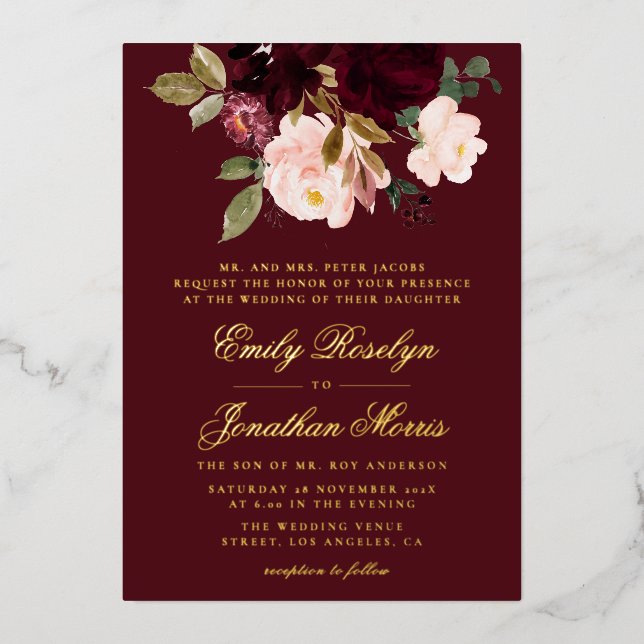 Invitation En Aluminium mariage élégant à fleurs bordeaux et or (Recto)