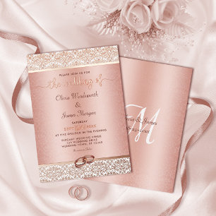 Invitation En Aluminium Mariage élégant à la feuille d'or rose damassé