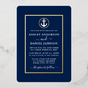 Invitation En Aluminium Mariage Élégant Ancre Naútíque Bleu Marine Or