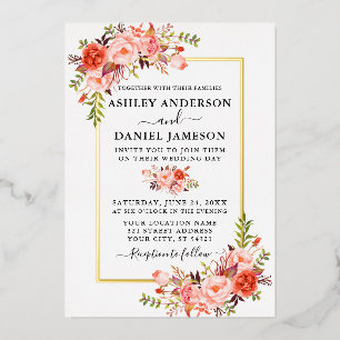 Invitation En Aluminium Mariage Élégant Aquarelle Corail Floral Or