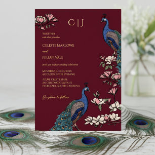 Invitation En Aluminium Mariage élégant au burgundy avec motif paon floral