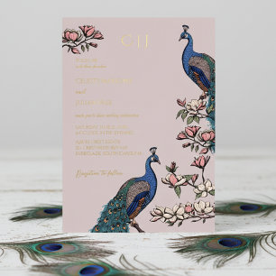Invitation En Aluminium Mariage élégant au paon floral rose