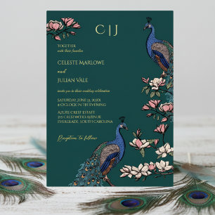 Invitation En Aluminium Mariage élégant au paon floral sarcelle