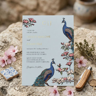 Invitation En Aluminium Mariage élégant au thème paon floral bleu