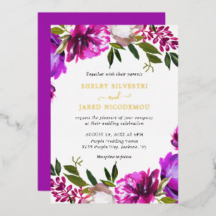 Invitation En Aluminium Mariage Élégant aux Fleurs Violettes Vibrantes