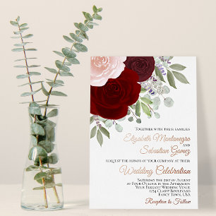 Invitation En Aluminium Mariage Élégant aux Roses Aquarelle Bourgogne & Bl