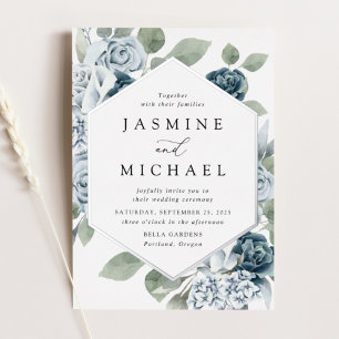 Invitation En Aluminium Mariage élégant avec cadre floral bleu poussiéreux