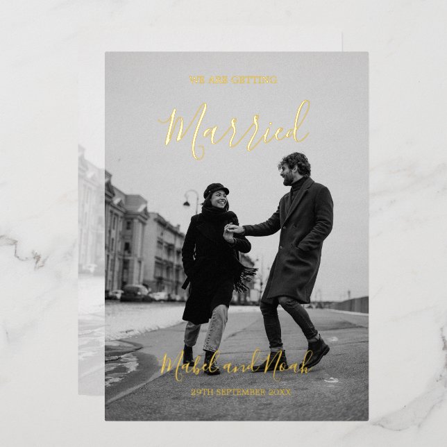 Invitation En Aluminium Mariage Elegant Black White Photo Gold (Recto/Verso)