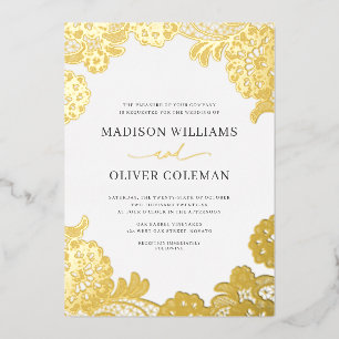 Invitation En Aluminium Mariage Élégant Blanc + Broderie de Feuille d'Or R