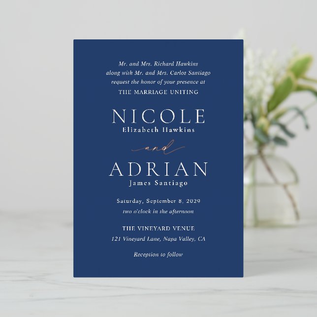Invitation En Aluminium Mariage élégant bleu de la marine classique (Debout devant)