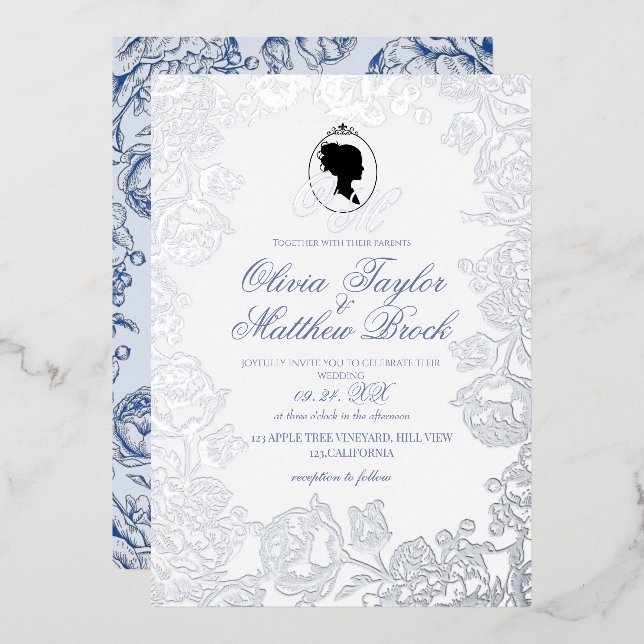 Invitation En Aluminium Mariage élégant, bleu et argent poussiéreux (Recto/Verso)