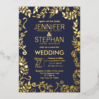 Invitation En Aluminium Mariage élégant bleu marine or floral