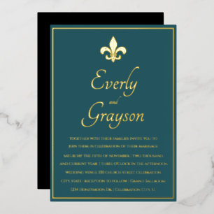 Invitation En Aluminium Mariage Élégant Bleu Sarcelle Or Fleur de Lys