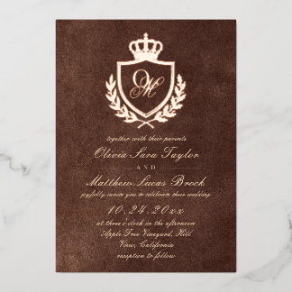 Invitation En Aluminium Mariage Élégant Brun Faux Texture Velours Or